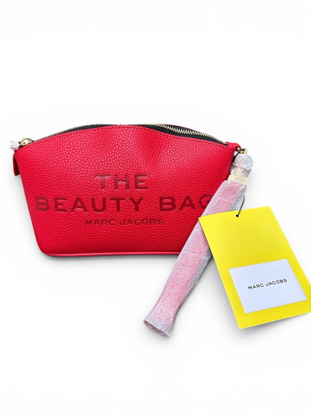 Marc Jacobs The Beauty Bag Ribbon Red Pink Pebbled Leather Pouch Clutch NWT
